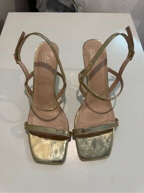 Metallic Gold Strappy Square-Toe Slingback Heels - Women